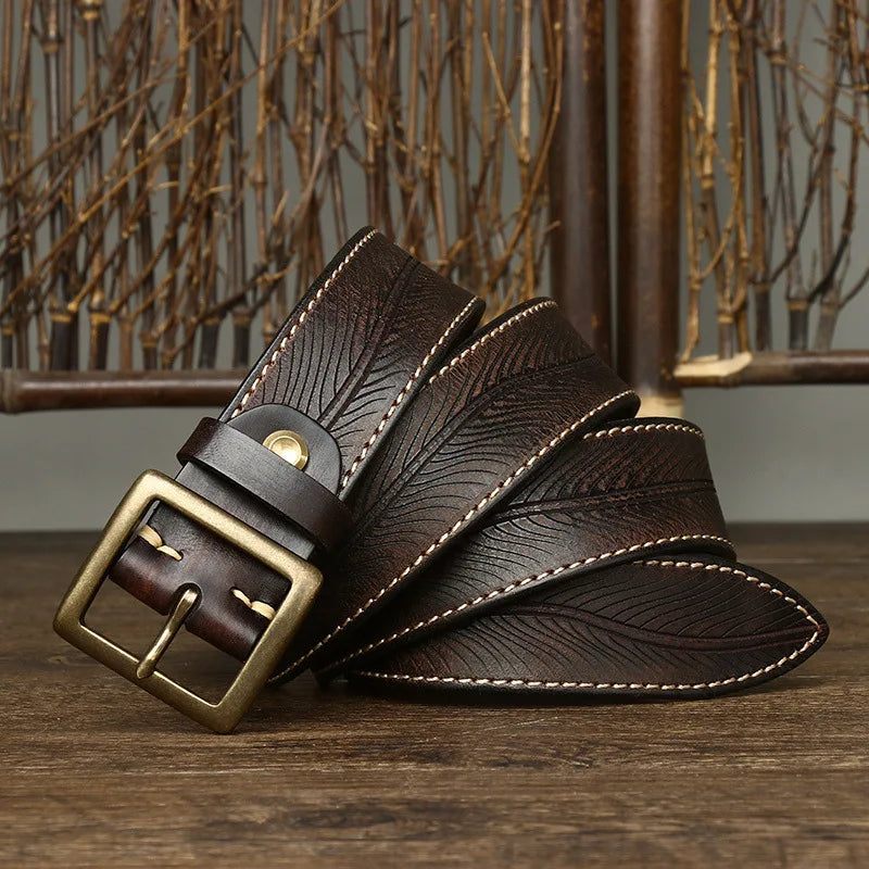 3.8CM Vintage Printed Leather Belt – Copper Buckle Cowhide Strap for Men’s Jeans