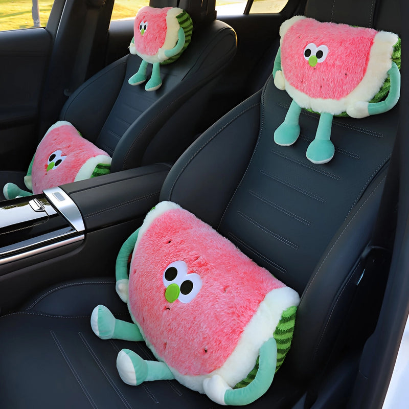 Almofada de apoio lombar e de cabeça com um design fofo de melancia para maior conforto no carro.