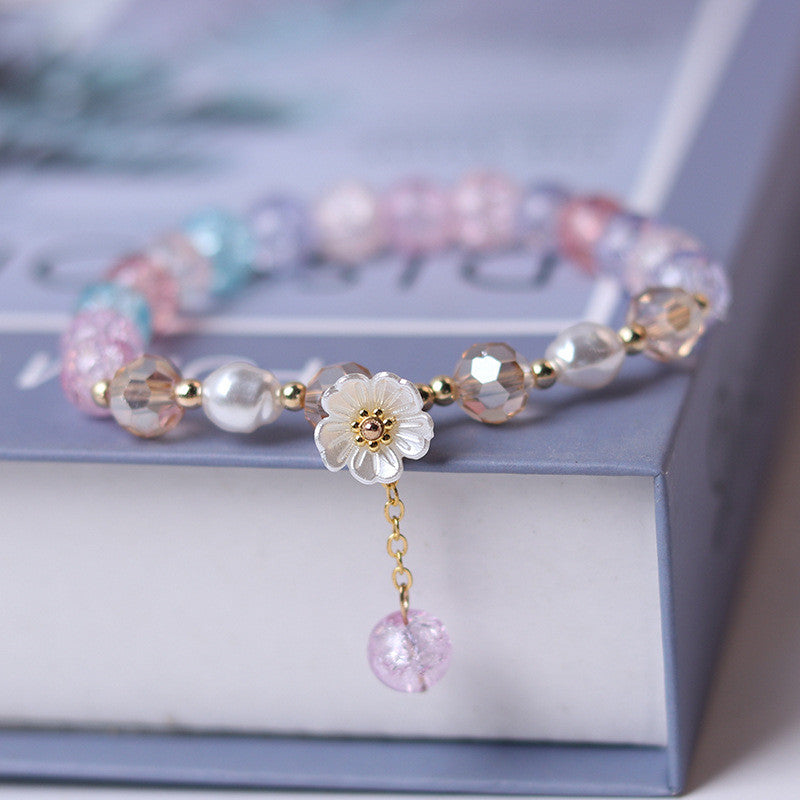 purple beaded white flower bracelet, view 6 - MRSLM