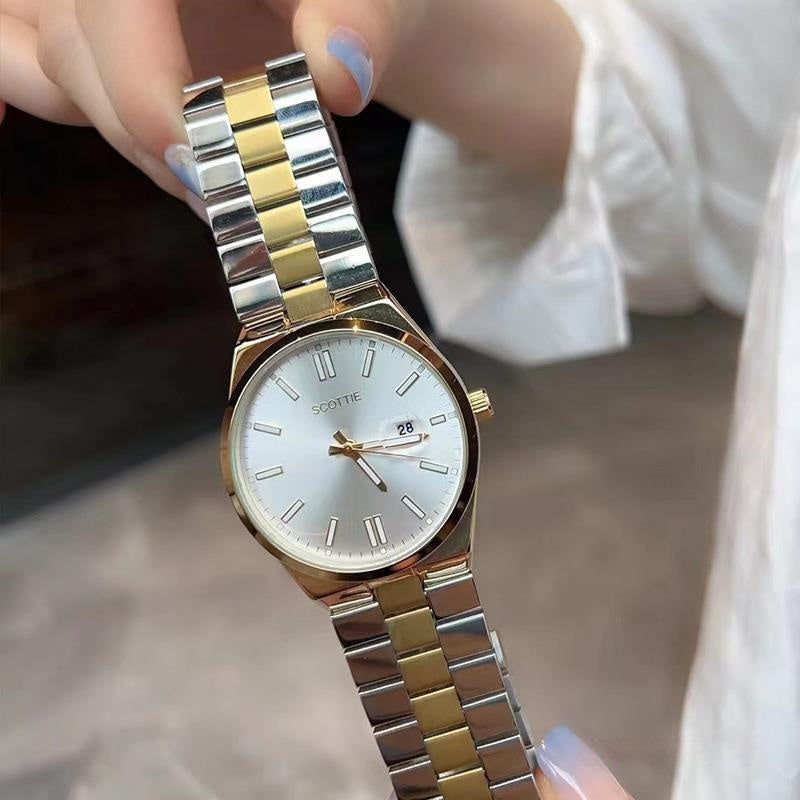 Relógio de quartzo com calendário, à prova d'água e pulseira de aço.