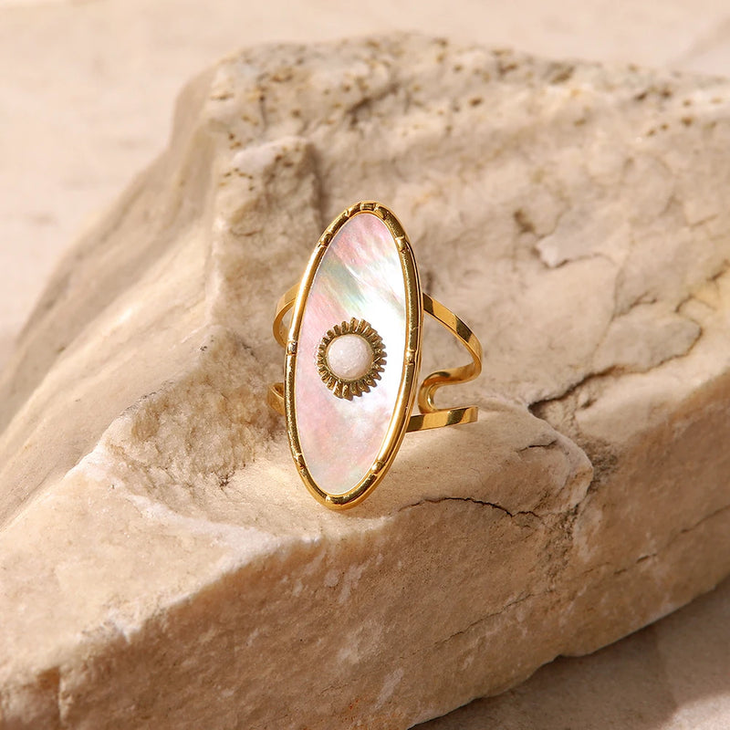 gold plated oval shell pearl adjustable ring, view 3 - MRSLM