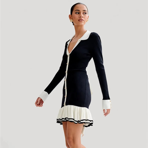 long sleeve ruffled knit mini dress, view 2 - MRSLM