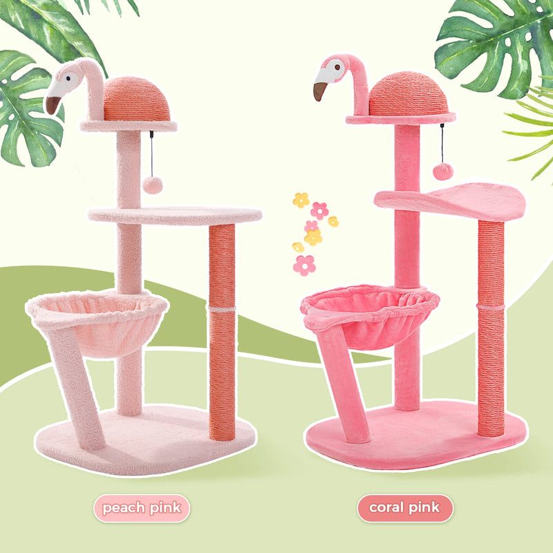 Encantadora árvore para gatos de vários níveis em formato de flamingo rosa, com rede e postes para arranhar.