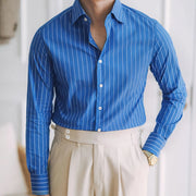 non-iron blue stripe shirt, view 3 - MRSLM