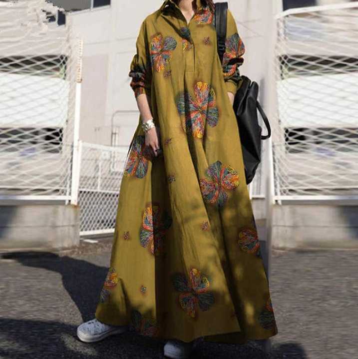 Vestido maxi camisero informal de vacaciones con botones de manga larga y cuello en V con estampado floral para mujer