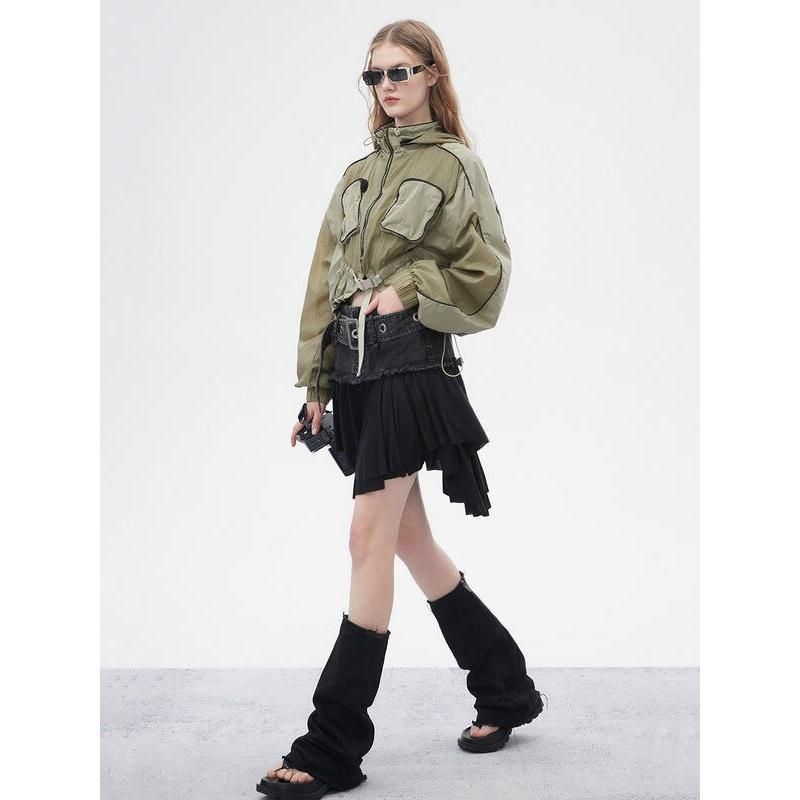 black denim mini skirt with ruffled hem, view 3 - MRSLM