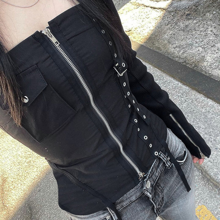 Women's Fashionable Simple Cargo Pocket Zipper Slim Fit Waist Tube Top