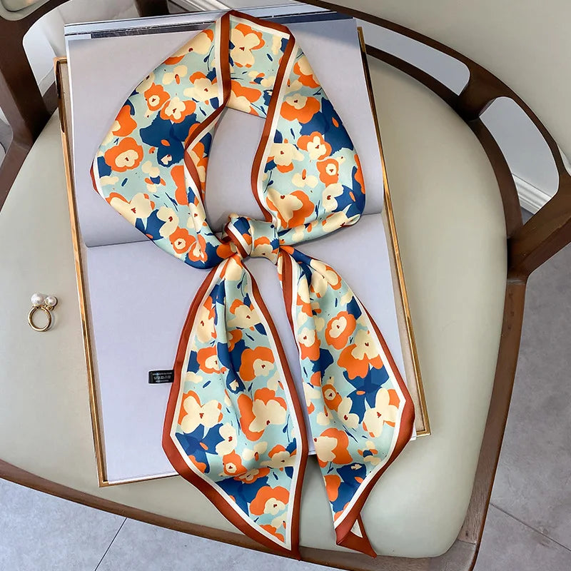 Floral silk-feel long scarf, view 14 - MRSLM