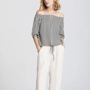 silk crepe plaid print top, view 2 - MRSLM