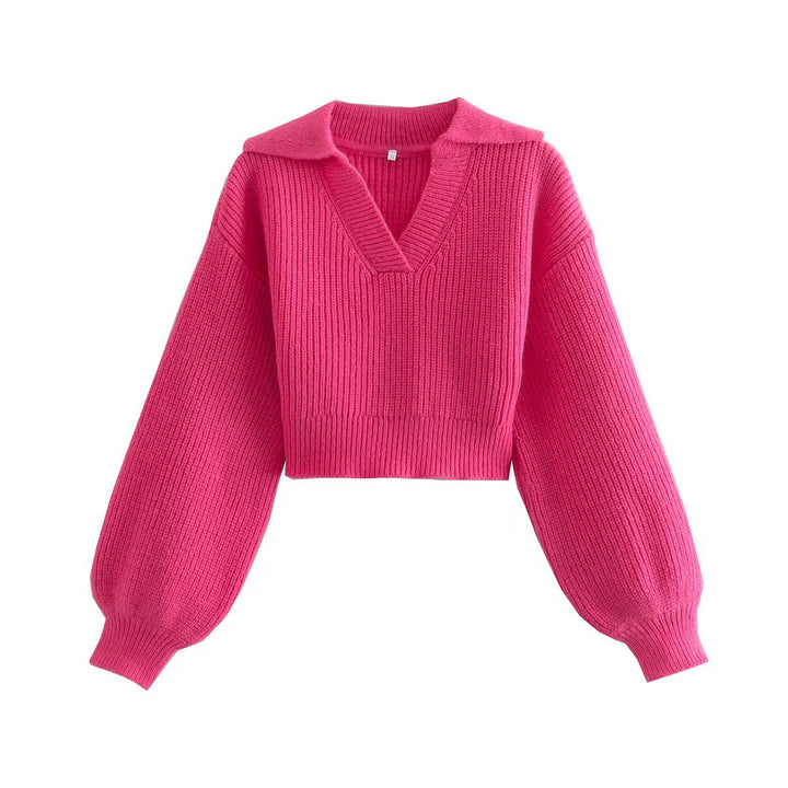 Lapel Lantern Sleeve Short Pullover Knit Sweater