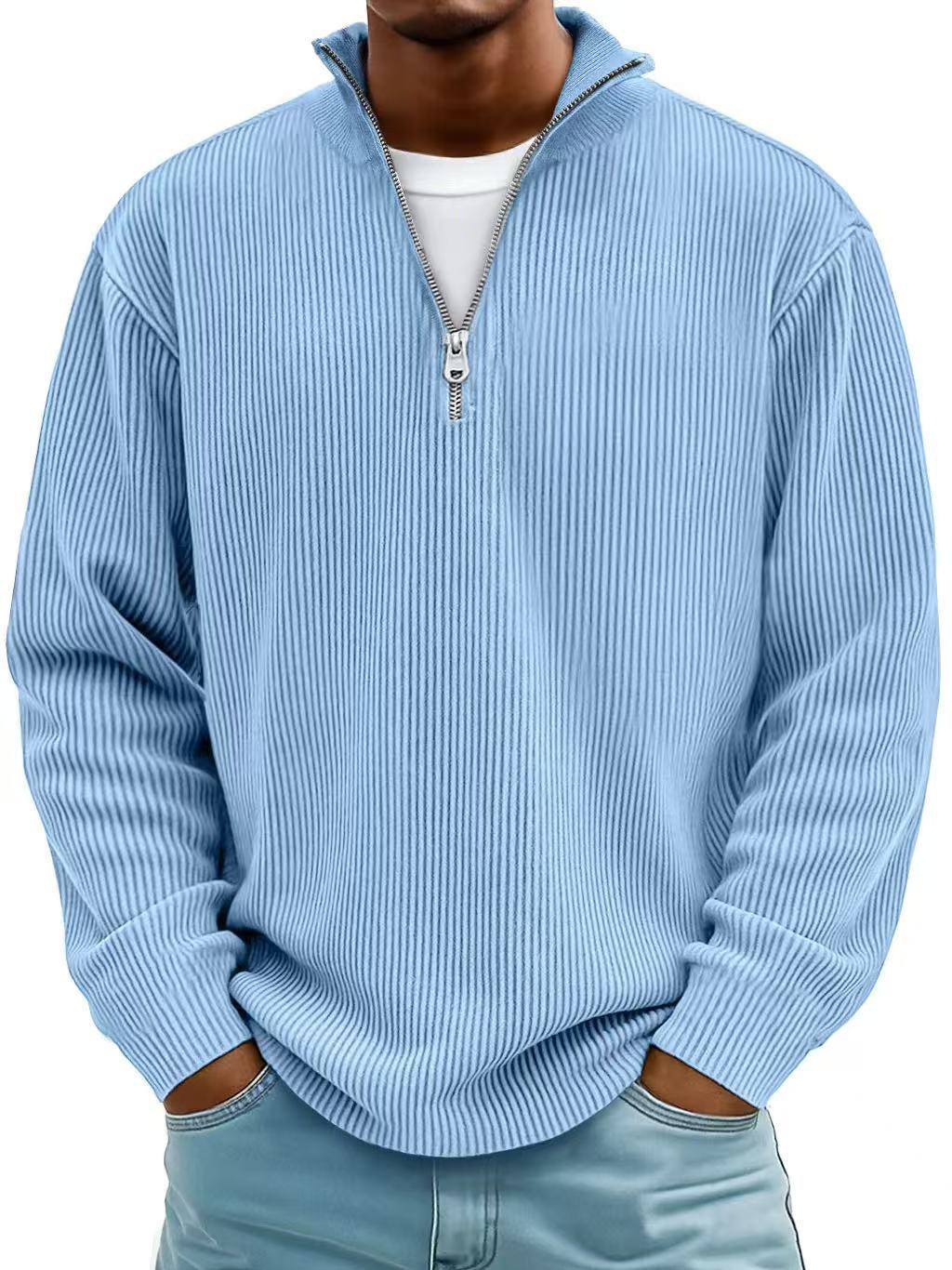 Corduroy Zipper Stand Collar Sweatshirt Fashion Warm Solid Color Long Sleeve Top Men&
