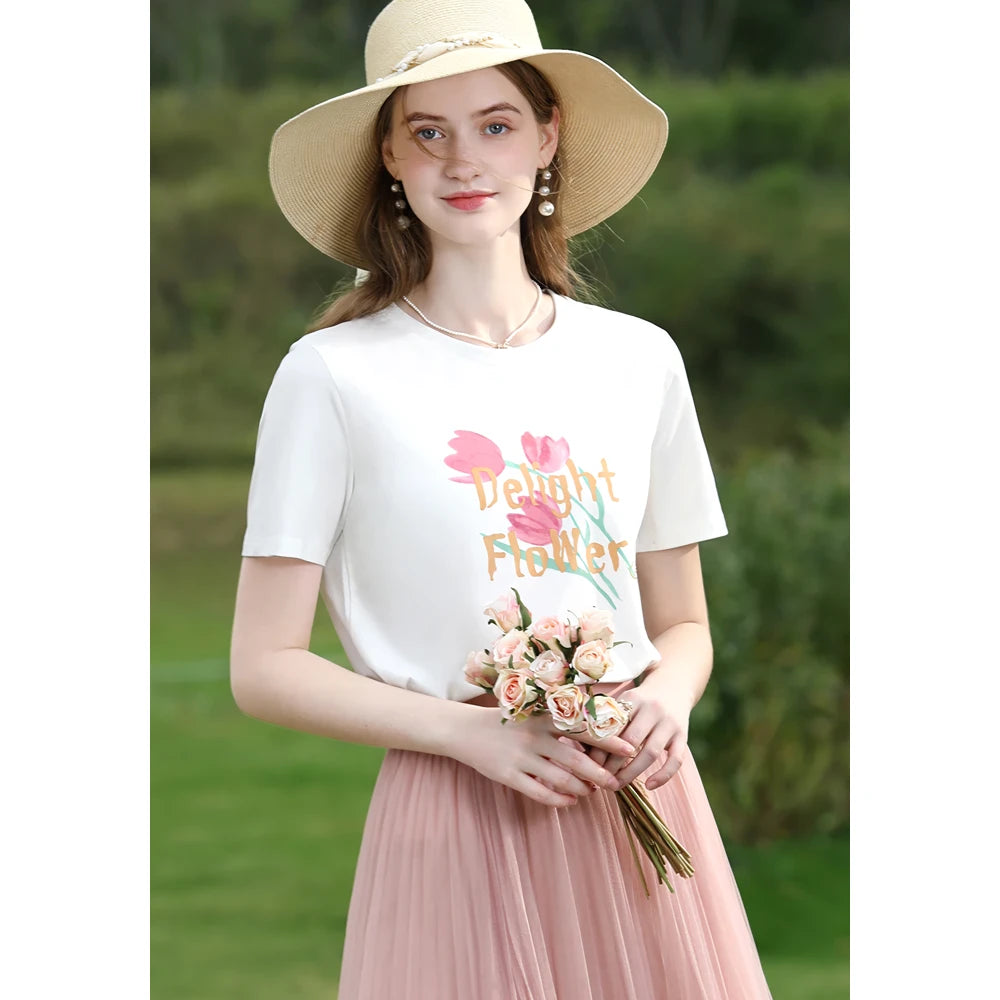 Tulip Print Slim-Fit Cotton T-Shirt for Women