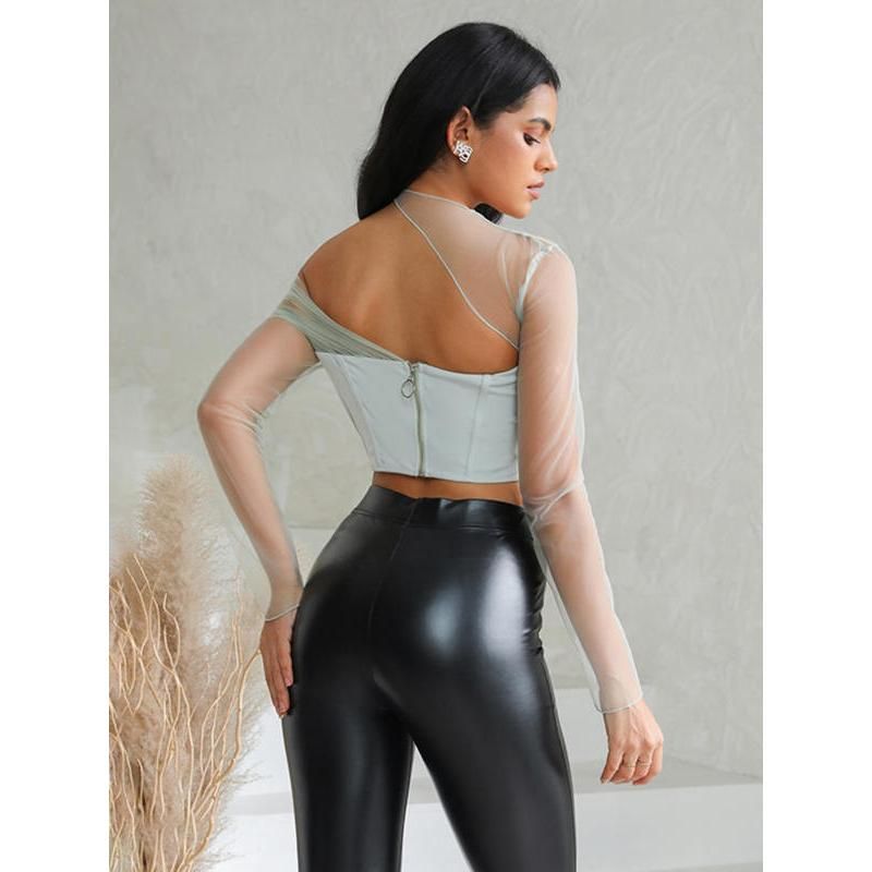 Sheer Mesh Sleeve Strapless Backless Sexy Crop Top