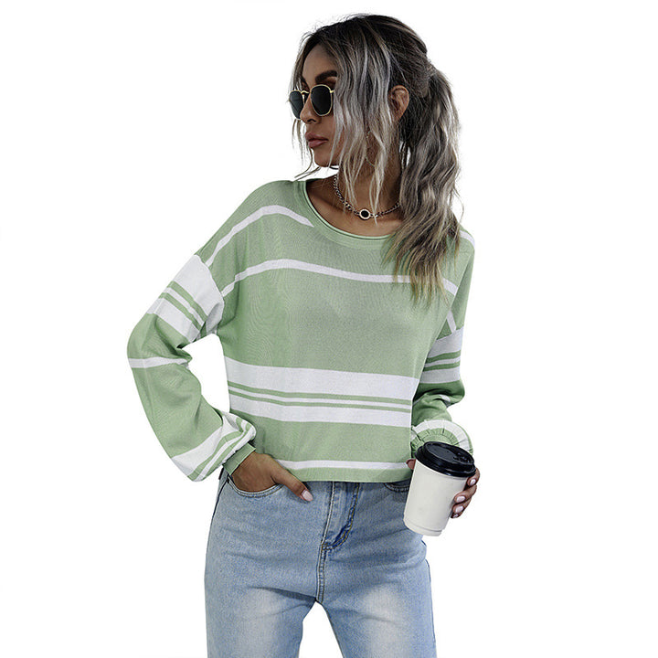 Crew-neck Striped Bottomed Knit Sweater For Women