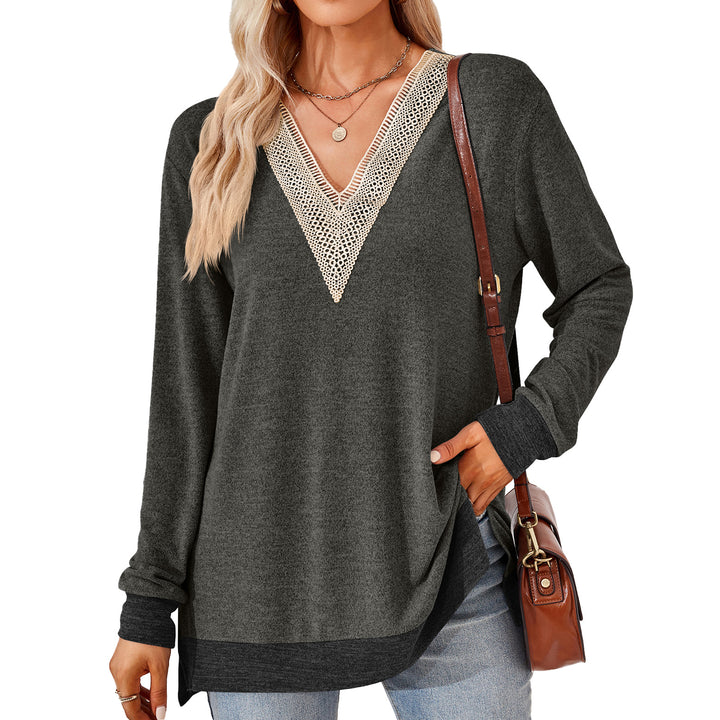 Women's Fashion V-neck Lace Solid Color Loose-fitting T-shirt Top