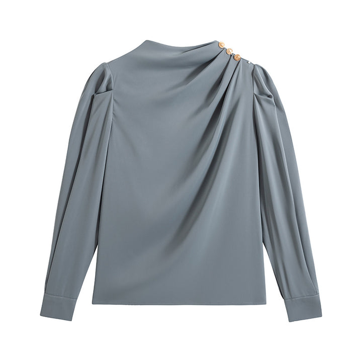 Stand Collar Pleated Lantern Sleeve Long Sleeve Top Loose Women's Shirt