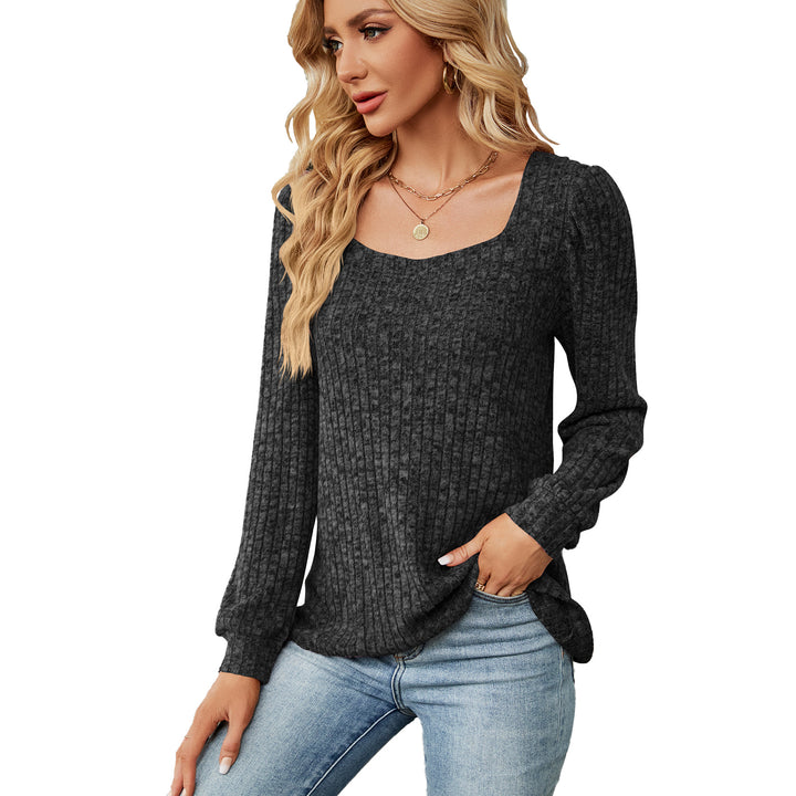 Women's Solid Color Rib Fabric Square Collar Loose Long-sleeved T-shirt Top