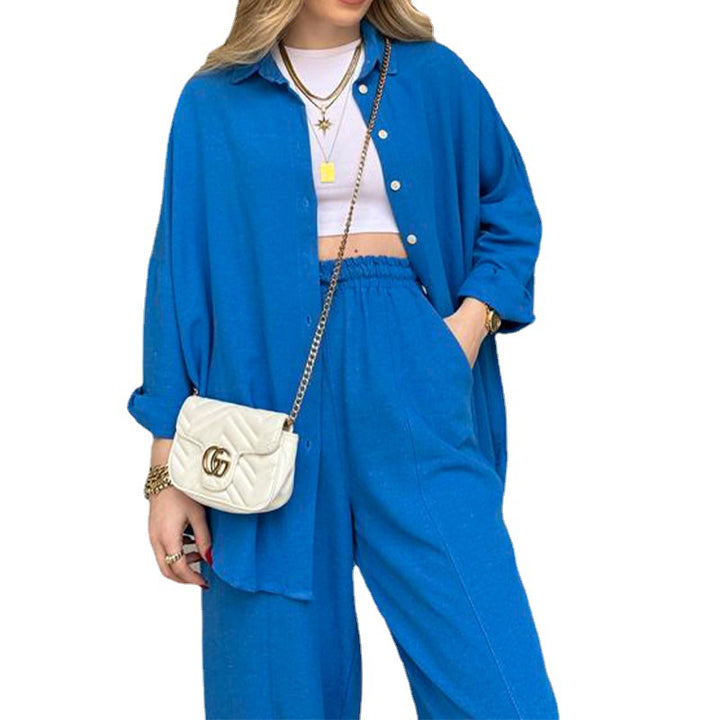 Independent Station Cross-border New Fashion Casual Suit Versatile Loose Shirt High Waist Skinny Pants Two-piece Set