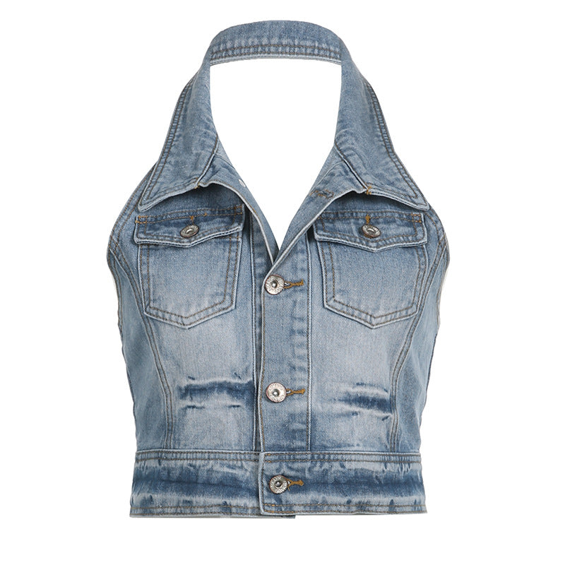 Washed Wear White Personality Clinch Halter Denim Vest