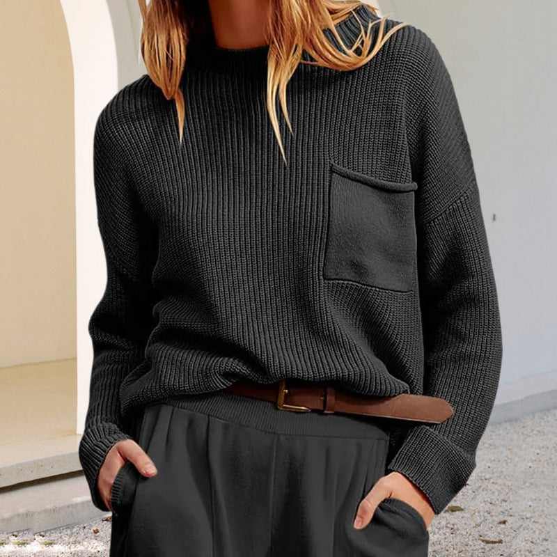 Women's Fashionable Simple Round Neck Long Sleeve Pocket Sweater