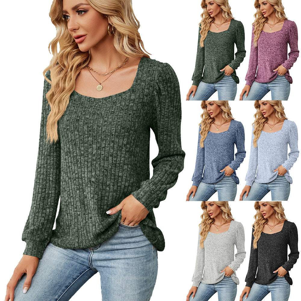 Women's Solid Color Rib Fabric Square Collar Loose Long-sleeved T-shirt Top