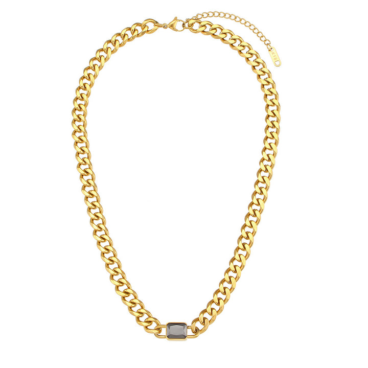 Retro Fashion Thick Chain Stainless Steel Plated 18K Cuban Link Chain Square Zircon Pendant Necklace