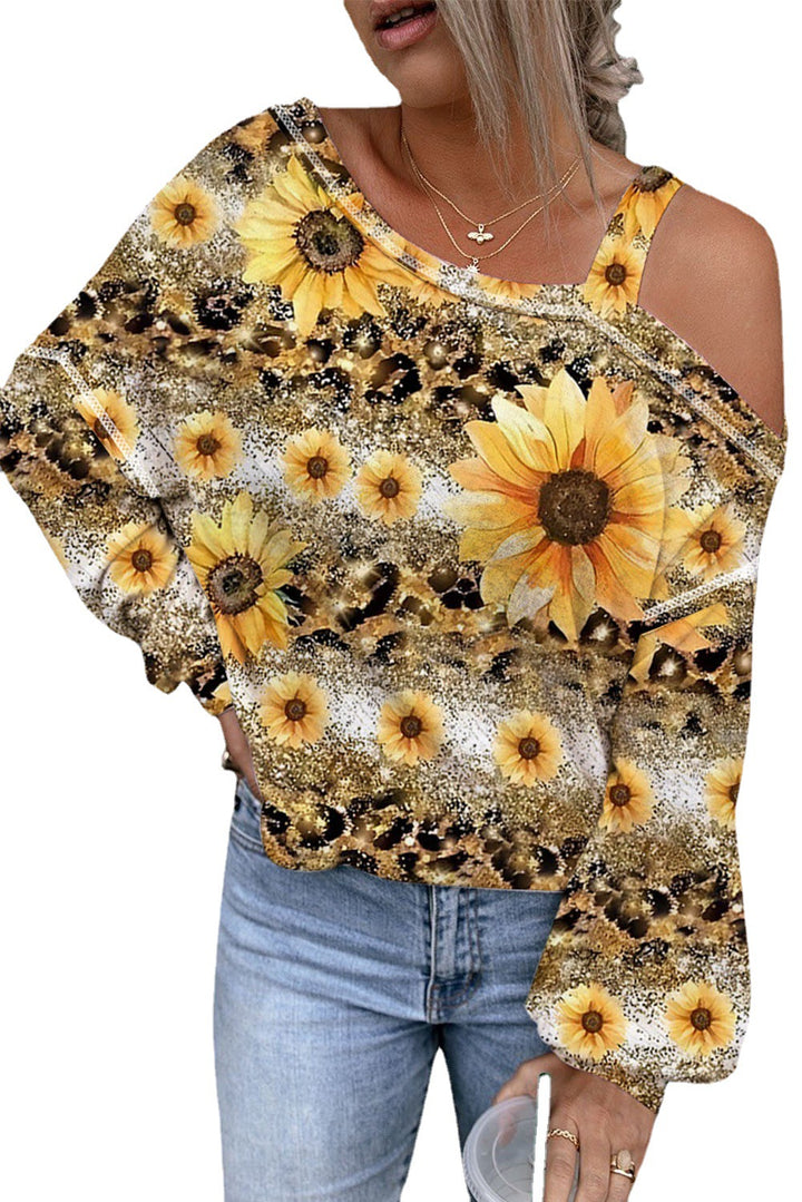 Women's Oblique Shoulder Pullover T-shirt SUNFLOWER Printed Casual Loose Top