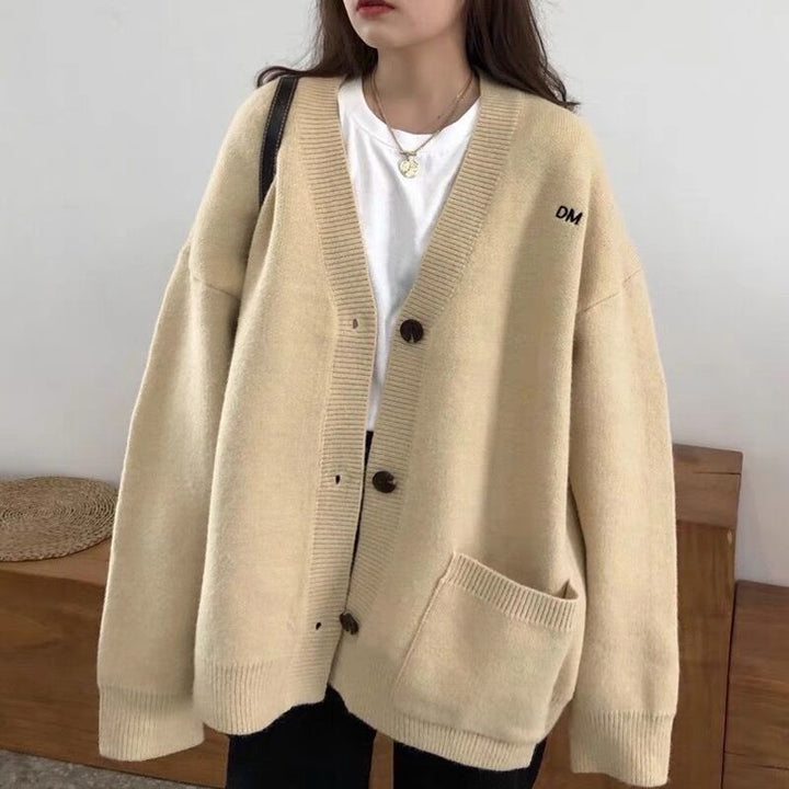 Women's Fashion Casual Solid Color Embroidery V-neck Sweater Coat