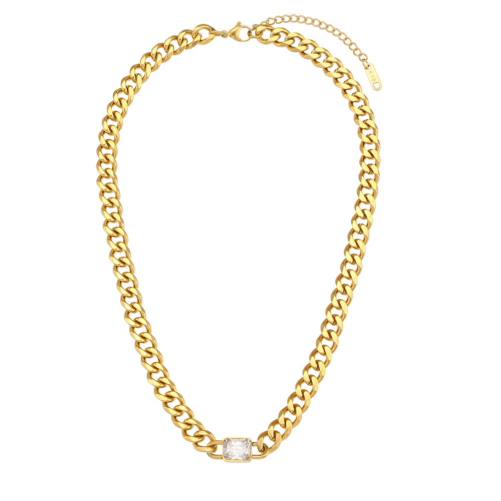 Retro Fashion Thick Chain Stainless Steel Plated 18K Cuban Link Chain Square Zircon Pendant Necklace