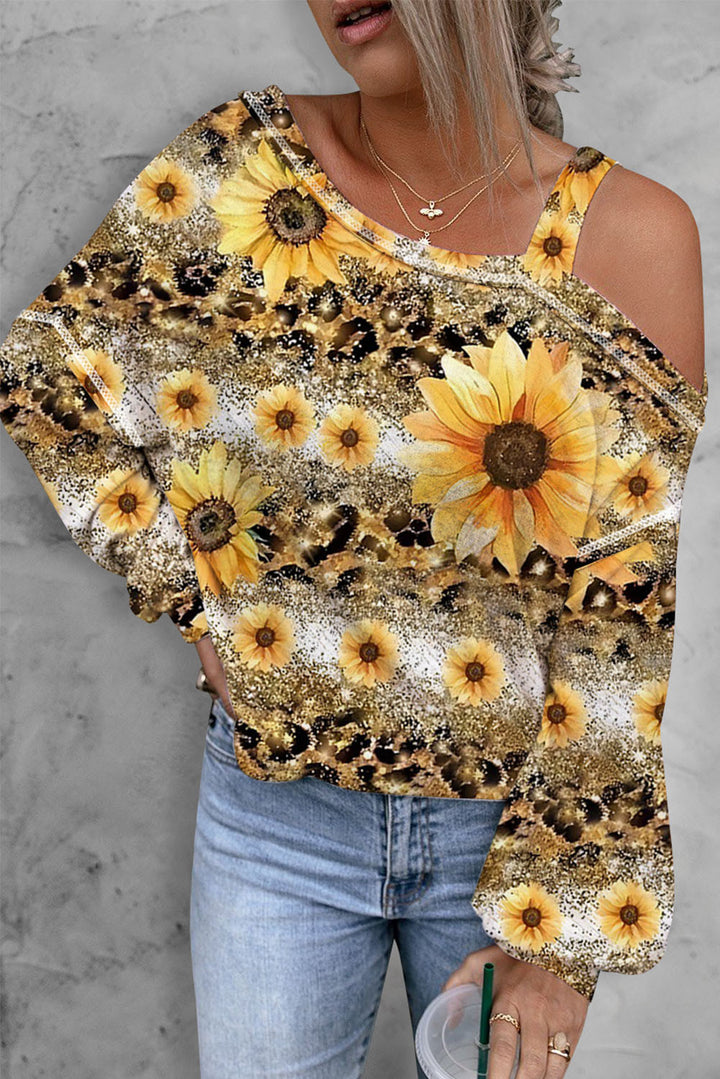 Women's Oblique Shoulder Pullover T-shirt SUNFLOWER Printed Casual Loose Top