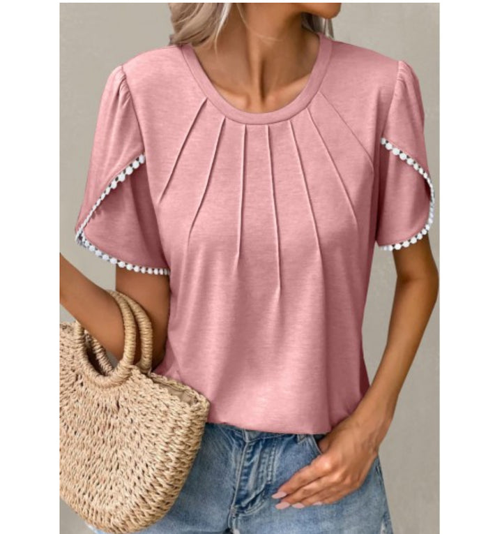 Summer Round Neck Tassel Tulip Sleeve T-shirt Casual Top For Women