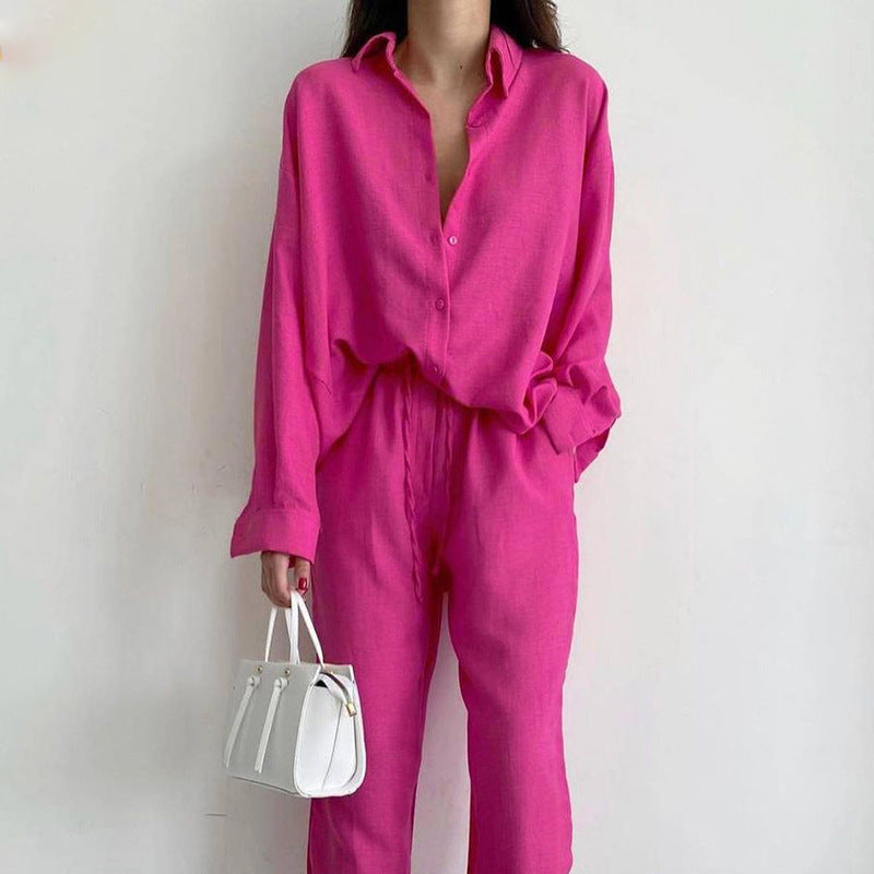 Solid Color Long Sleeve Top Straight Leg Pants Two-piece Set