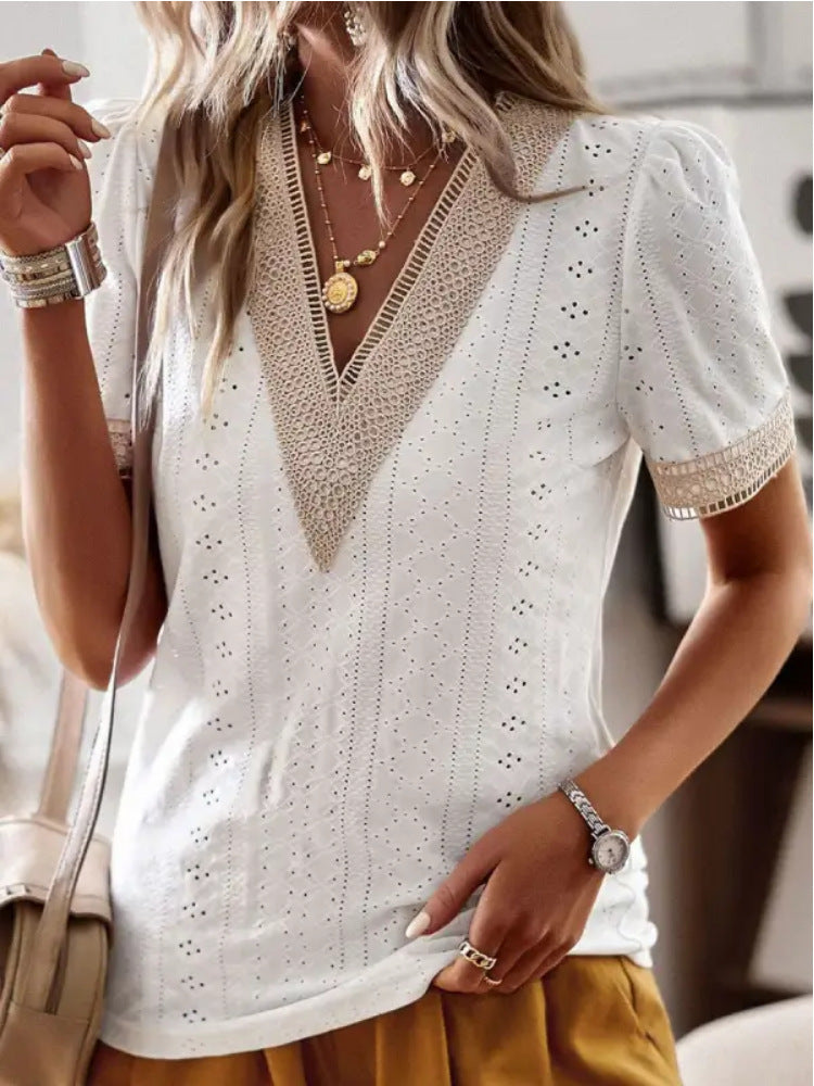 Women's V-neck Lace Loose Top Hollow Out Short Sleeve Shirt