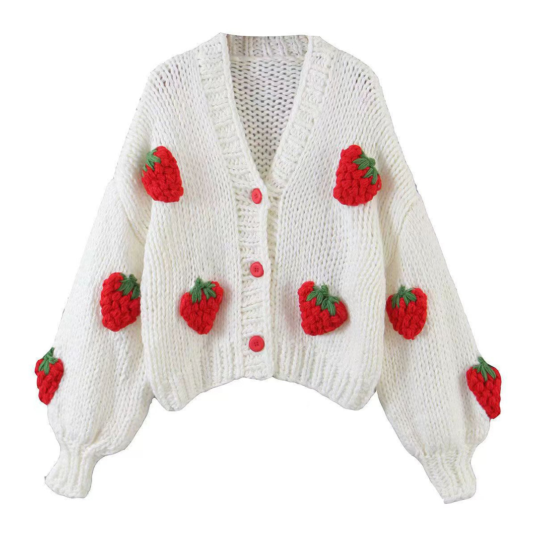 Women's Mohair Thick Knitted Cardigan Sweater V-neck Lantern Sleeve