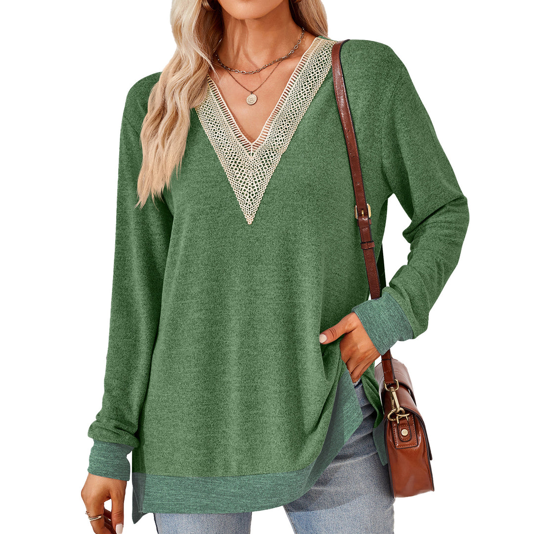 Women's Fashion V-neck Lace Solid Color Loose-fitting T-shirt Top