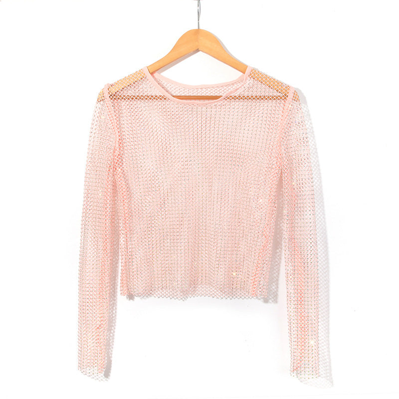 Women's Fashion Simple Solid Color Mesh Rhinestone Long Sleeve Top