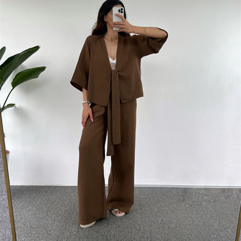 Women's Fashion Casual Loose Lace-up Three-quarter Length Sleeves Cardigan Trousers Two-piece Set
