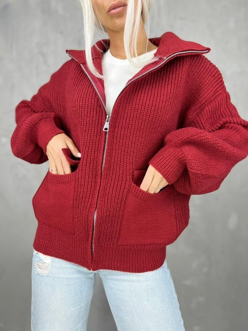 Women's Fashion Casual Zipper Long-sleeved Knitted Cardigan