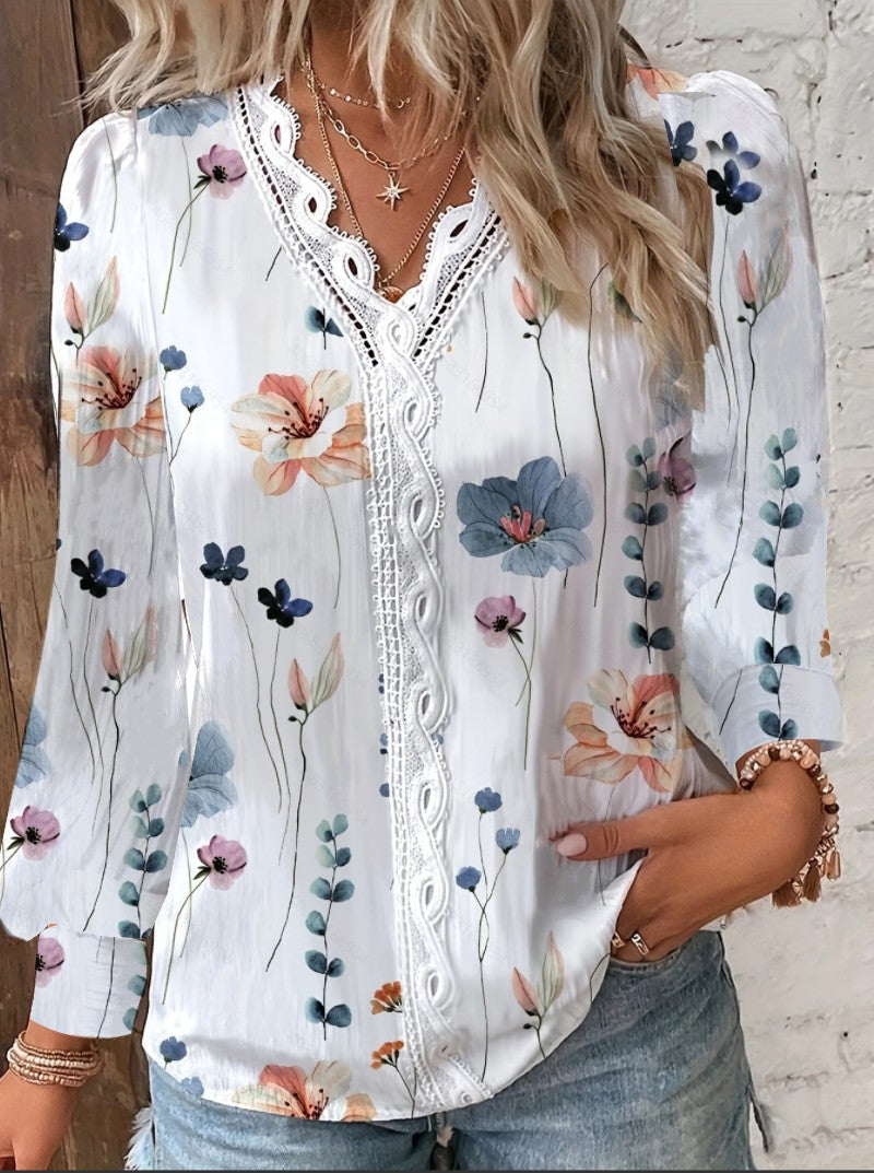 Women's Long Sleeve V-neck Lace Stitching Shirt