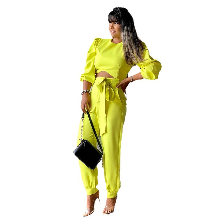 Women's Fashion Temperament Crew Neck Puff Sleeve Short Top Ankle Banded Pants Suit