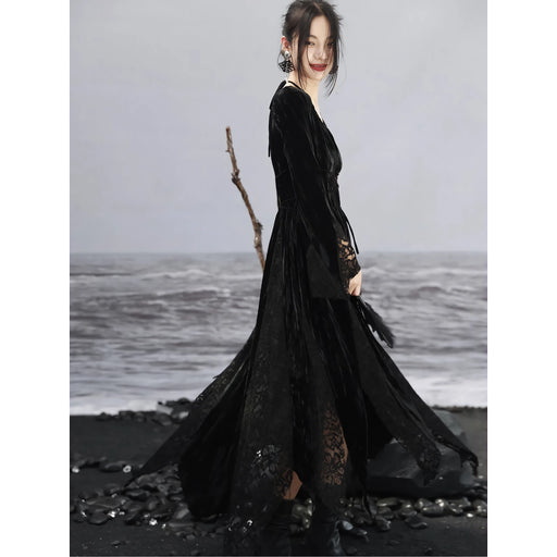 dark velvet lace splice dress, view 2 - MRSLM