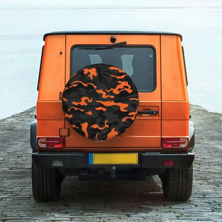 Rugged Camo Spare Tire Cover – Black Orange Camouflage Wheel Protector for Off-Road and Outdoor Vehicles