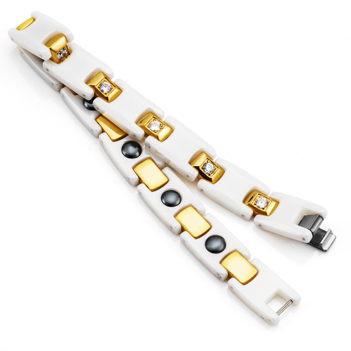 White Ceramic Inlaid Rhinestone Gold Couple Ochre Bracelet