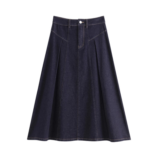 high waist dark denim a-line midi skirt, view 2 - MRSLM