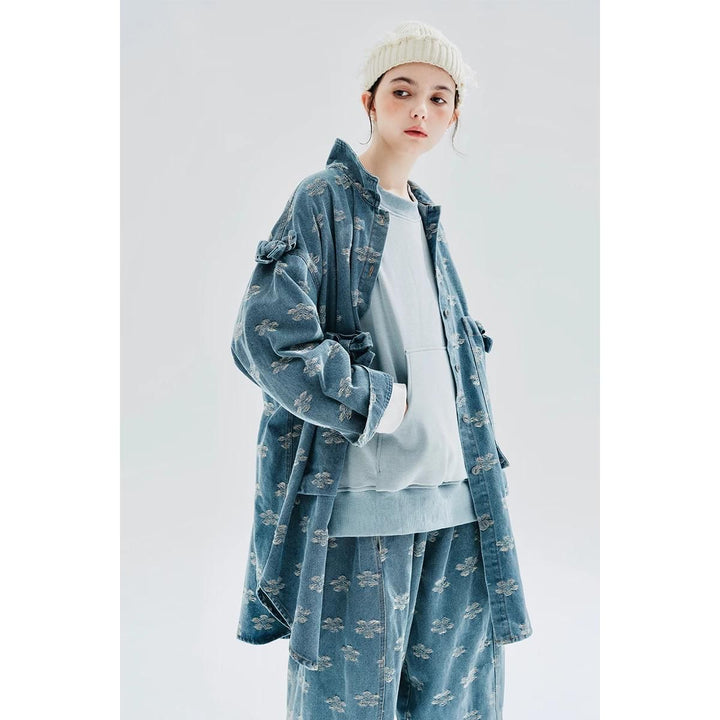 Autumn Floral Jacquard Denim Long Shirt Coat with Shawl Collar