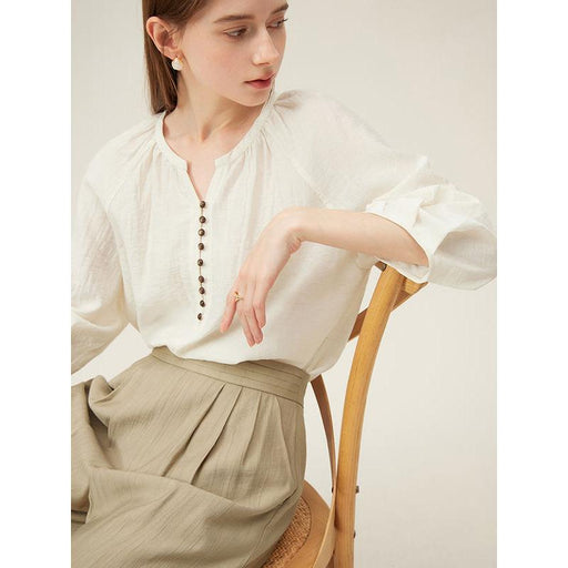 beige linen blend blouse, view 2 - MRSLM