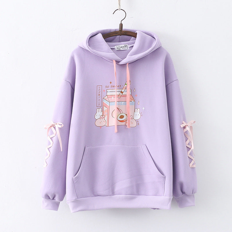 Cartoon Peach Drink Bunny Print Fleece Pullover Ladies Sweater