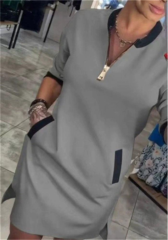 Women's Midi Dress Round Neck Zipper Pocket