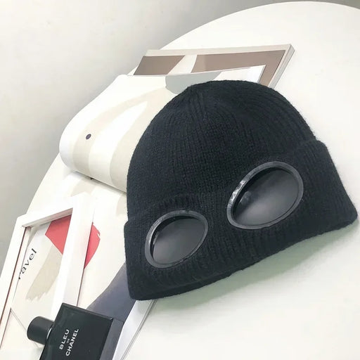 Winter knit skull cap with built-in goggles, view 5 - MRSLM