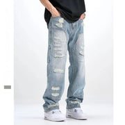 Men's washed ripped straight leg jeans, view 3 - MRSLM